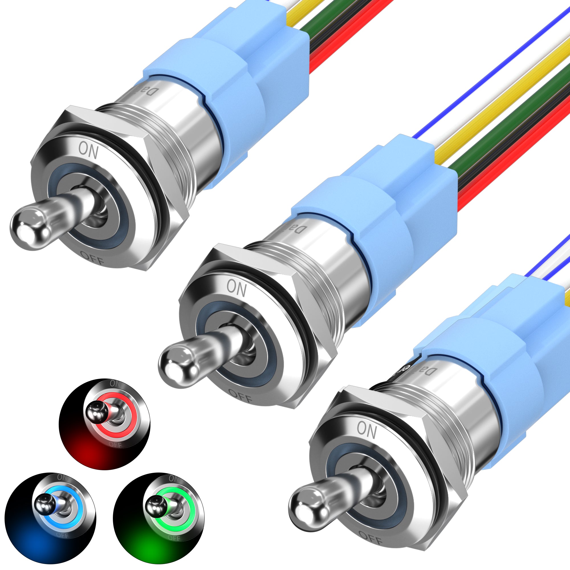 16mm 20A 12V LED Toggle Switch Metal RGB 6 Pin Pre-Wired SPST ON