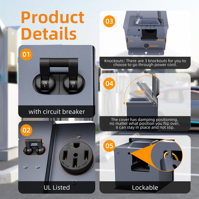 125/250V 50 Amp RV Outlet Box with Circuit Breaker NEMA 14-50R Receptacle