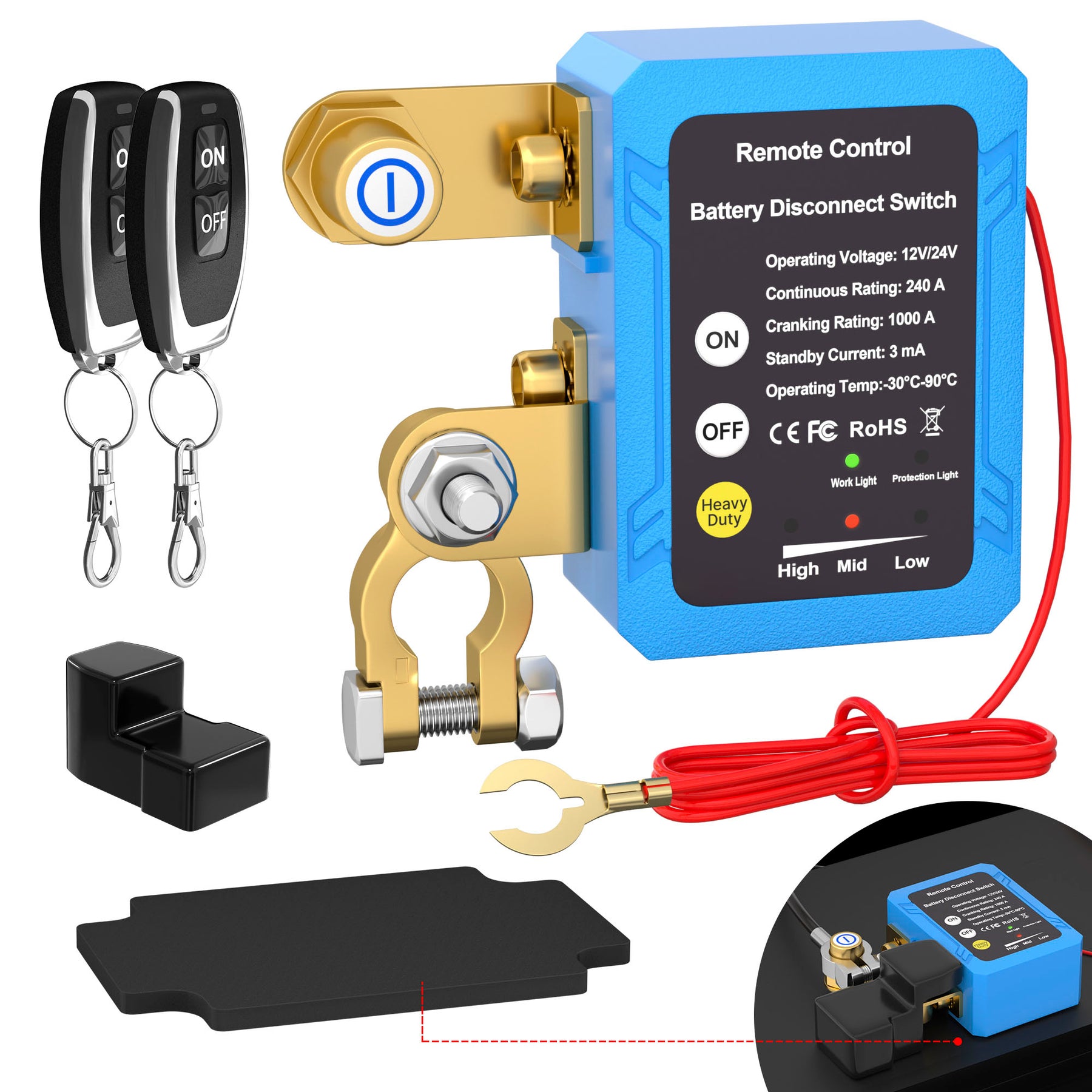 12v/24v 240A Automatic Disconnect On-Off Remote Control Battery Disconnect Switch, image size:1800x1800