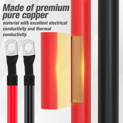 PVC Insulated Pure Copper 4 AWG Battery Cables with 3/8" Lugs - 4FT