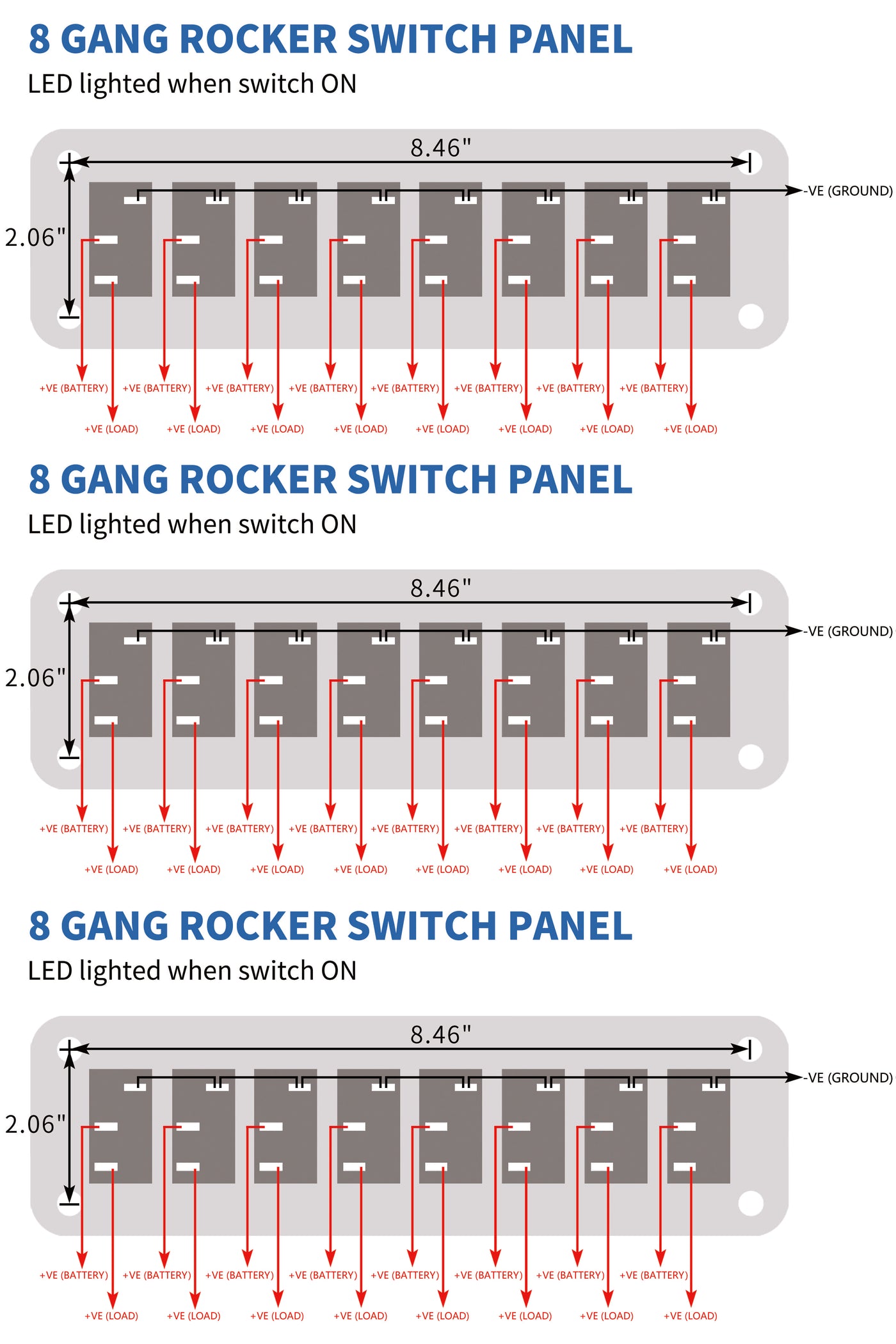 8 Gang 3 Pin ON-OFF Rocker Switch Aluminum Panel with Pre-Wired – DAIER