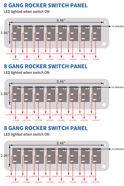 8 Gang 3 Pin ON-OFF Rocker Switch Aluminum Panel with Pre-Wired
