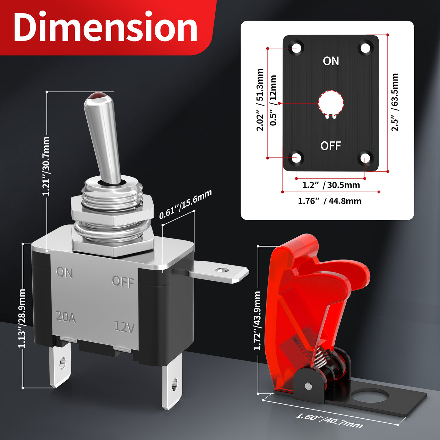 20A 12V ON-OFF Lighted Toggle Switch with Safety Cover and Mounting Panel
