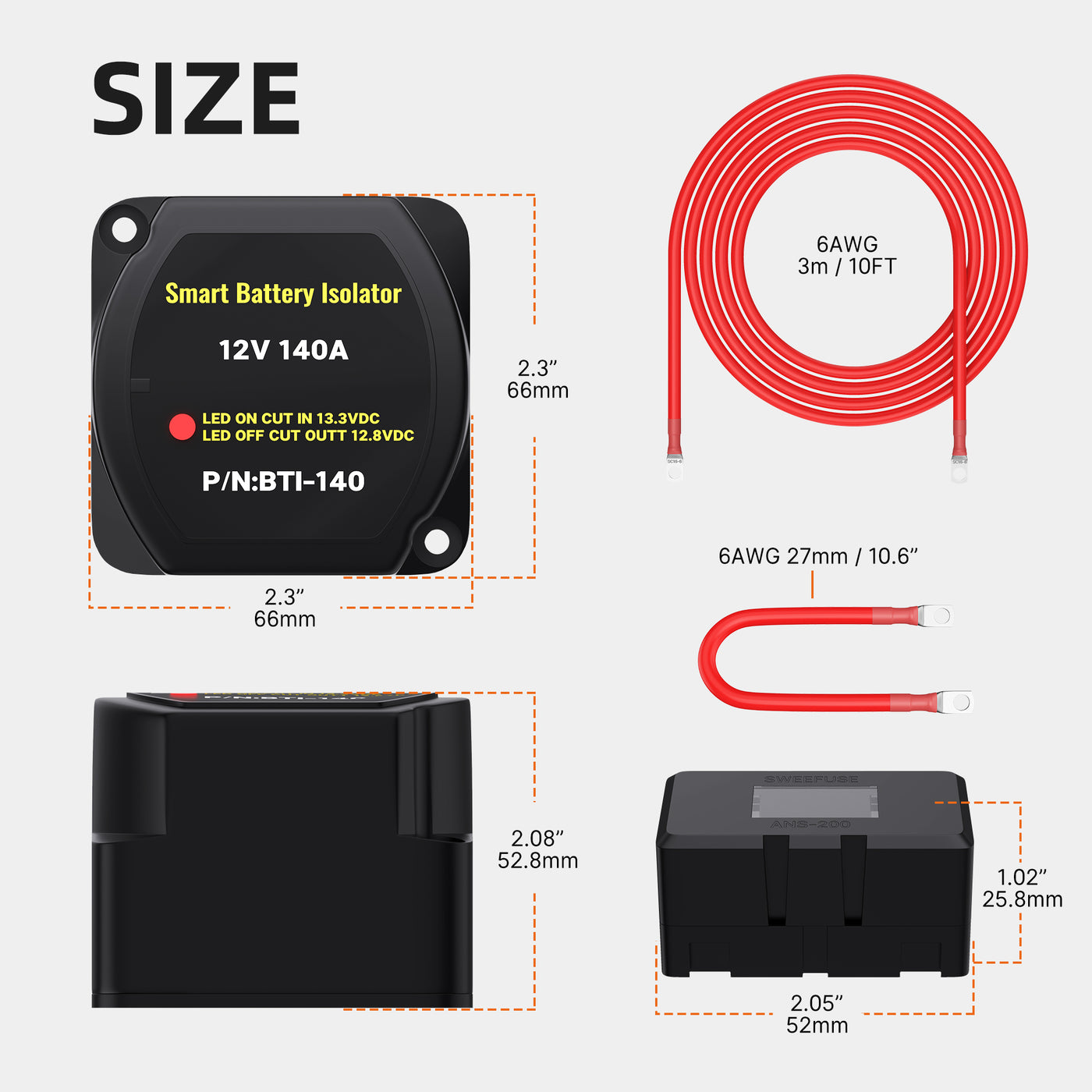 ASW-A401-Kit 140Amp 12VDC VSR Dual Smart Battery Isolator Kit Size
