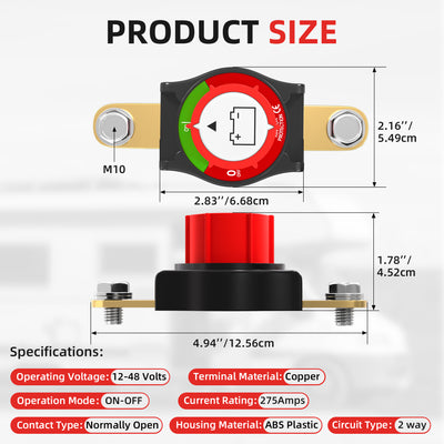 275A 12-48VDC ON-OFF Side Post Battery Master Disconnect Switch for Marine, RV, Car, Boat