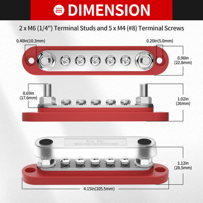 BB100-T2M6S5 12V 150A Common Busbar 2 x M6 Studs and 5 x M4 Screws with Cover Dimension