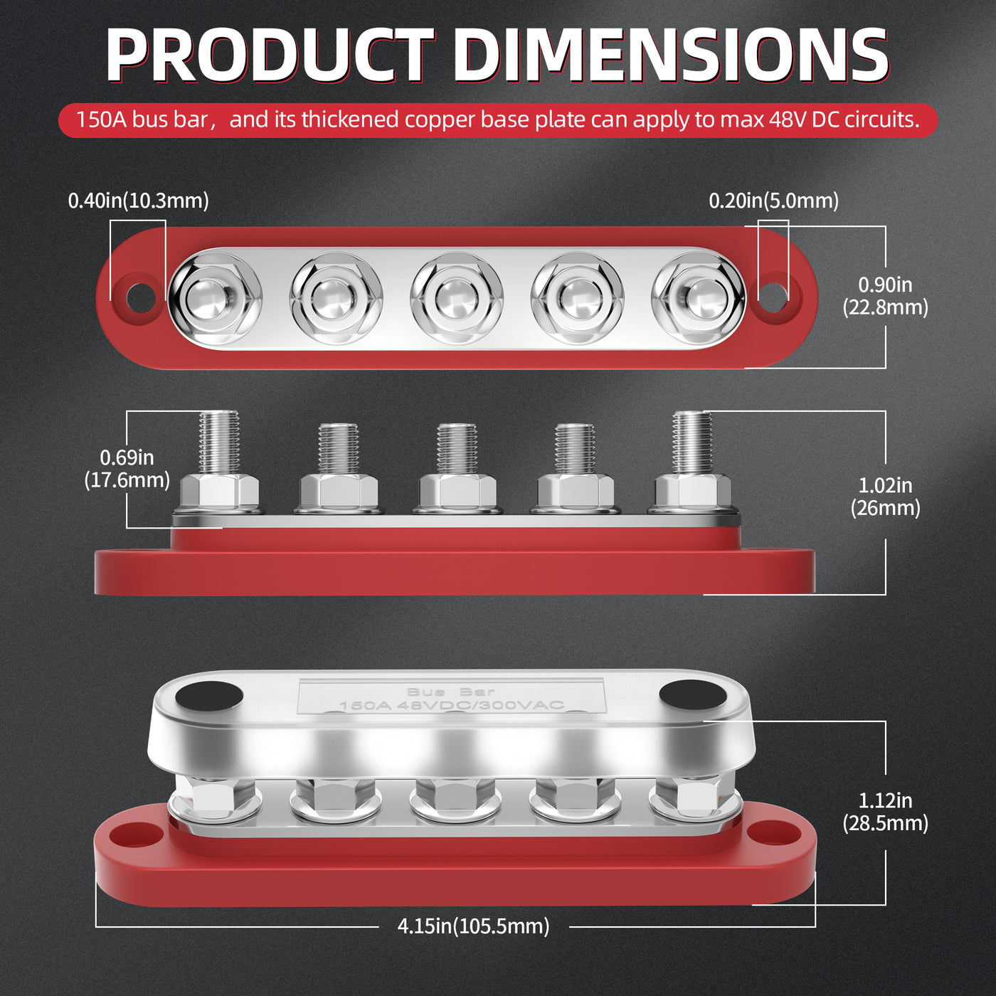 BB100-T5M6C 12V 150A Small Size Common Busbar with Five M6 Studs and Cover Dimension
