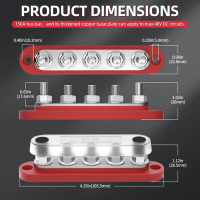 BB100-T5M6C 12V 150A Small Size Common Busbar with Five M6 Studs and Cover Dimension