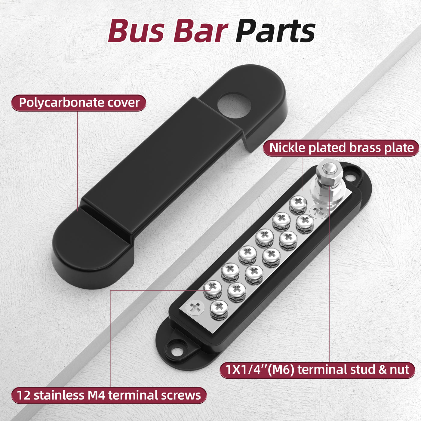 BB150-T1M6S12-RB 48VDC 150A M6 Stud Marine Bus Bar Features