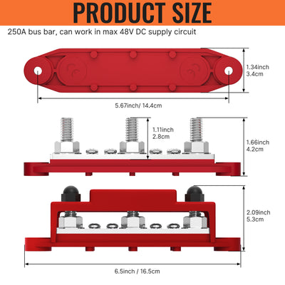 48VDC 250A Bus Bar Distribution Power with 3×M10 Studs and 8×M5 Screws