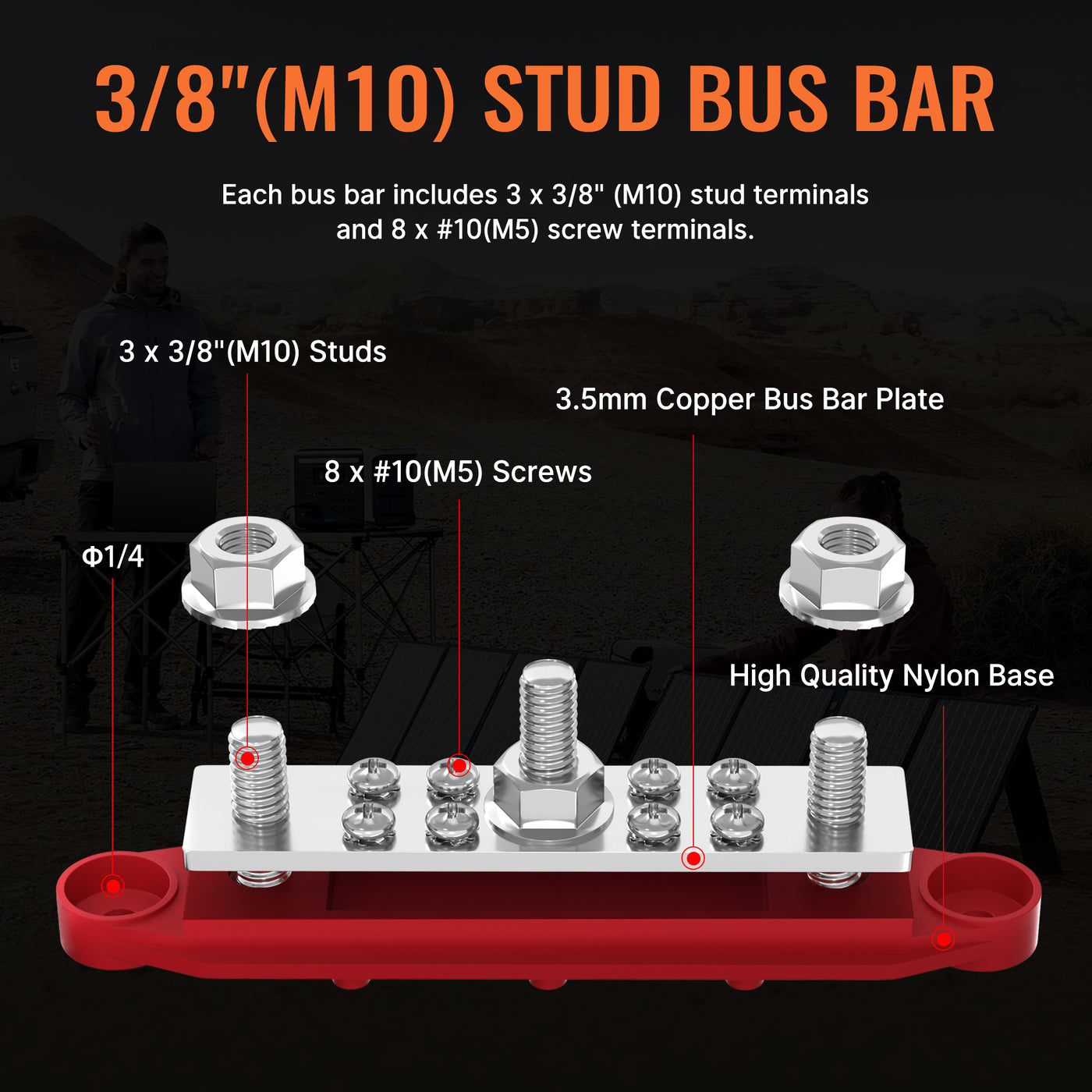48VDC 250A Bus Bar Distribution Power with 3×M10 Studs and 8×M5 Screws