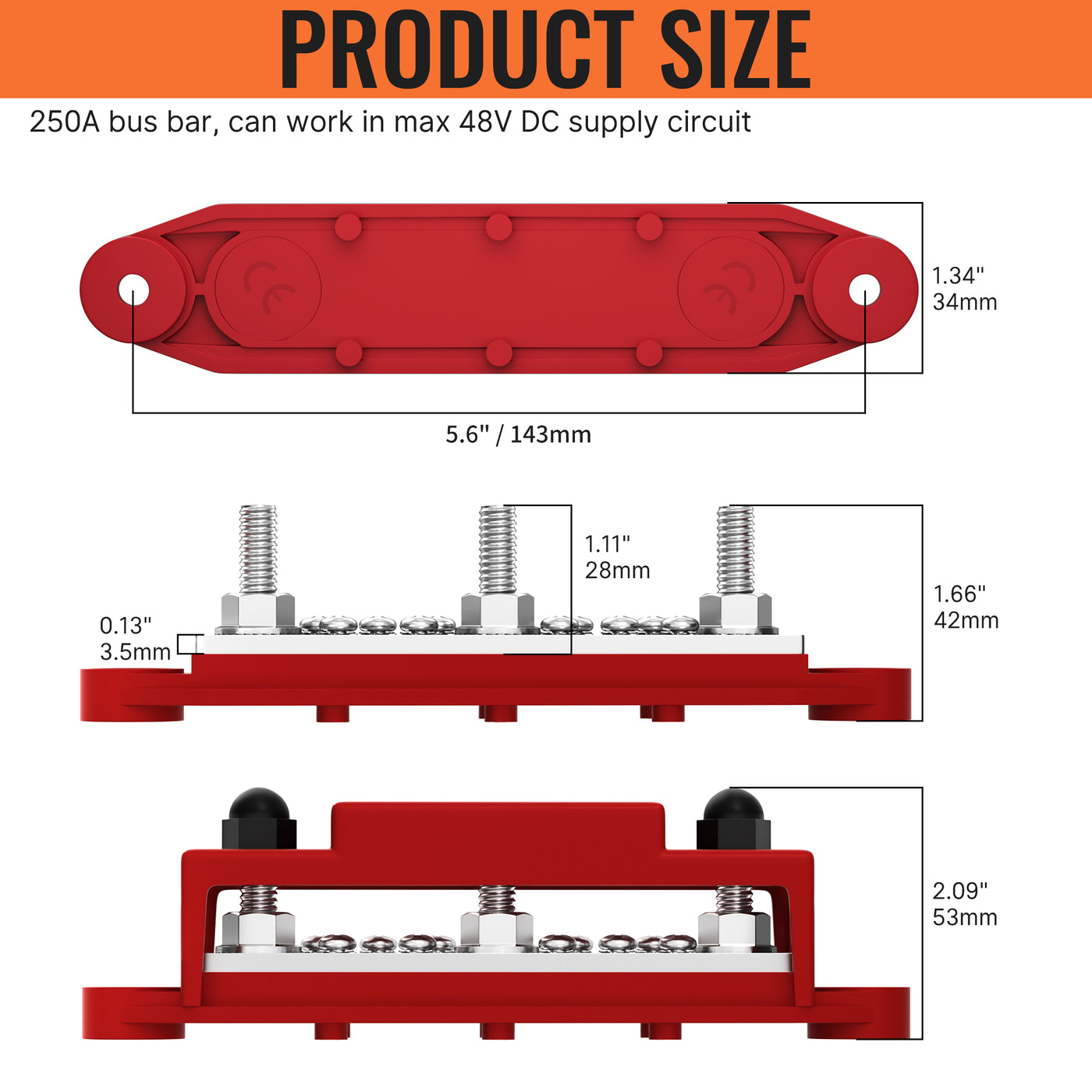 48VDC 250A Busbar 3×M8 Studs and 10×M4 Screws Power Distribution Block - DAIER