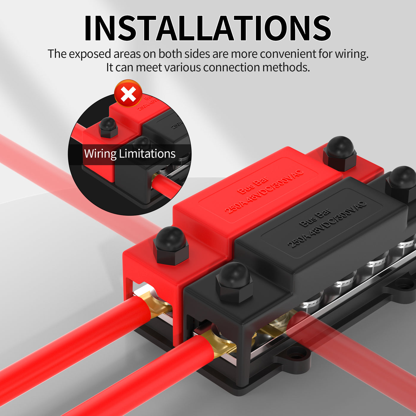 250A 48VDC M8 Dual Row Positive and Negative Busbar with 12 Studs - DAIER