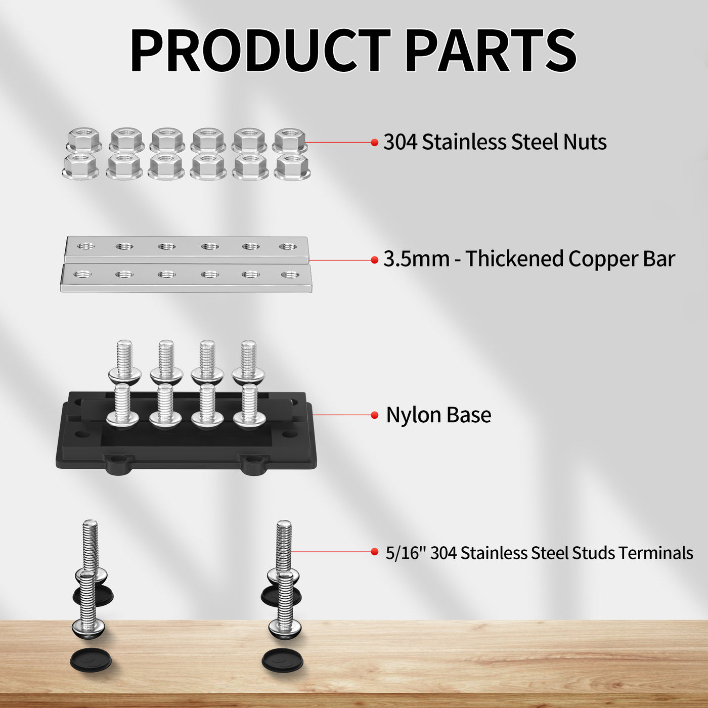 250A 48VDC M8 Dual Row Positive and Negative Busbar with 12 Studs - DAIER