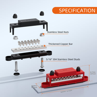 275A 48VDC Bus Bar Terminal Block with 2xM8 Stud & 14xM4 Screw Screw