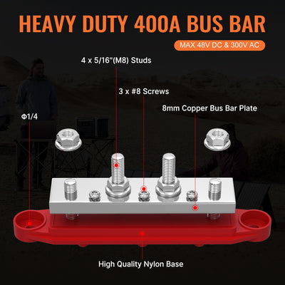 400A Bus Bar Terminal Block with 4x3/8"(M10) or 5/16"(M8) Studs