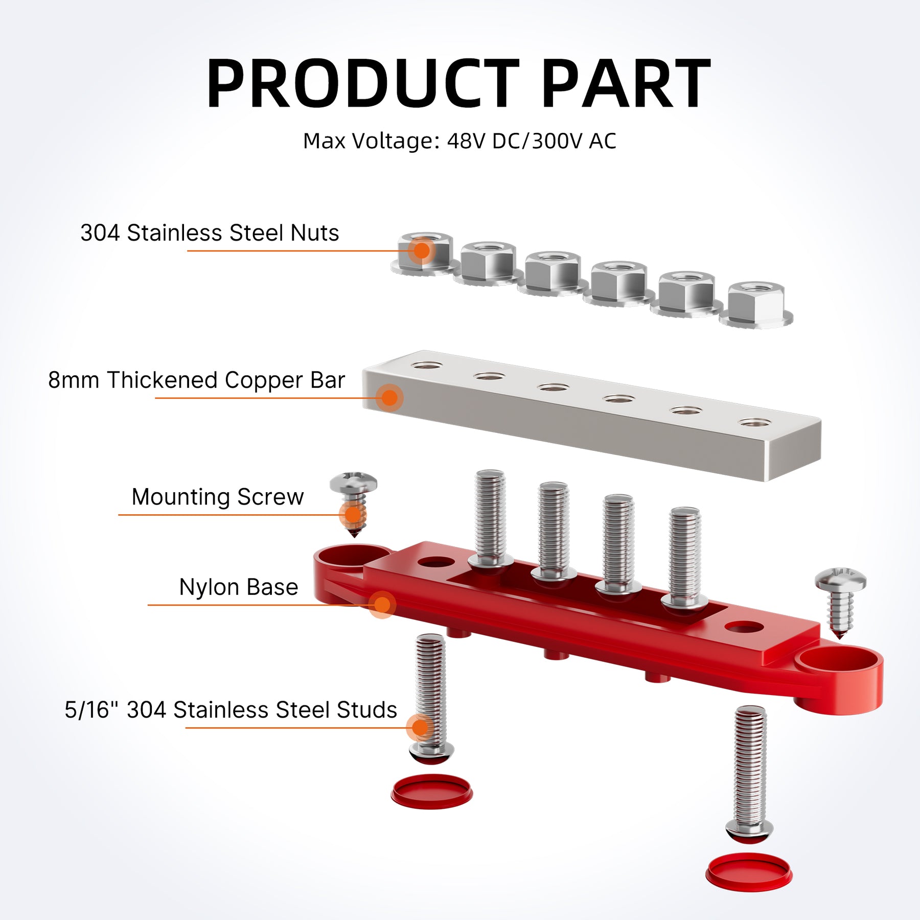 400 Amp Solid Copper Busbar with 6×5/16