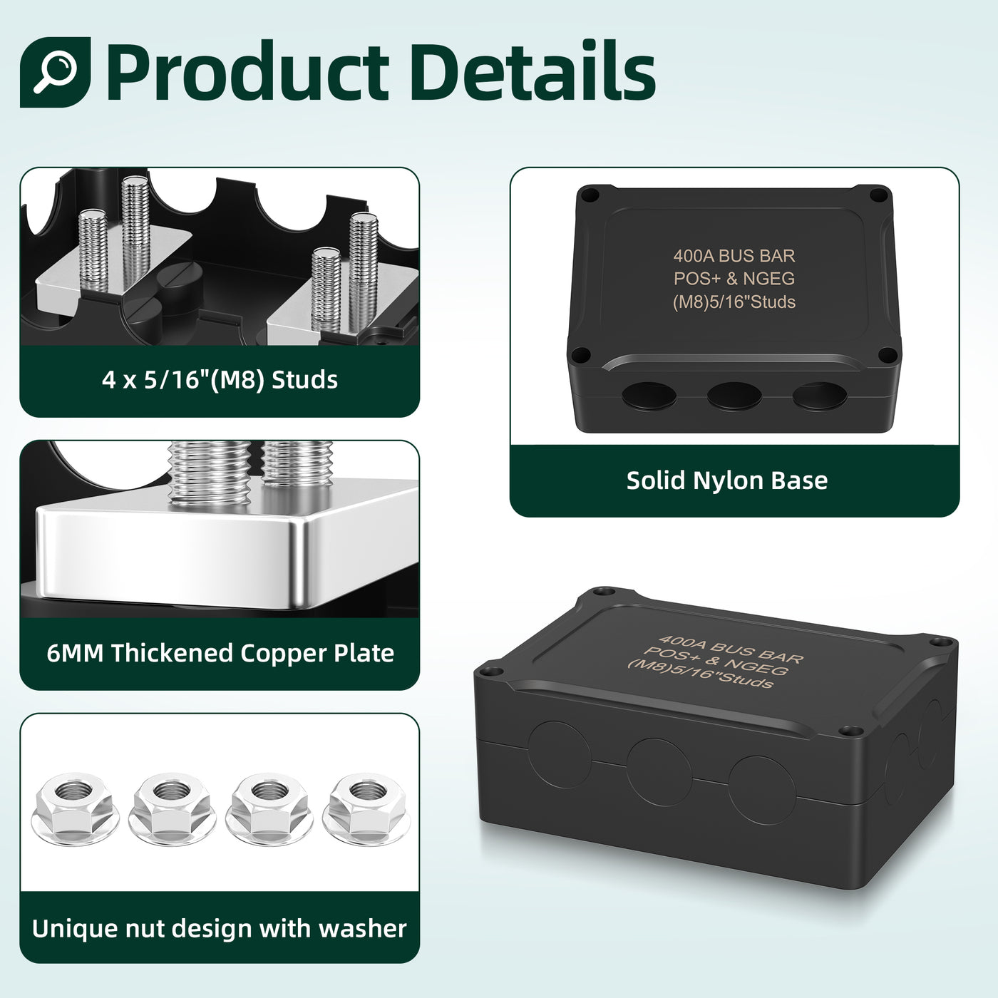 400A Dual Bus Bar Kit with Weatherproof Box Power Distribution Block with 4 x M8 Studs