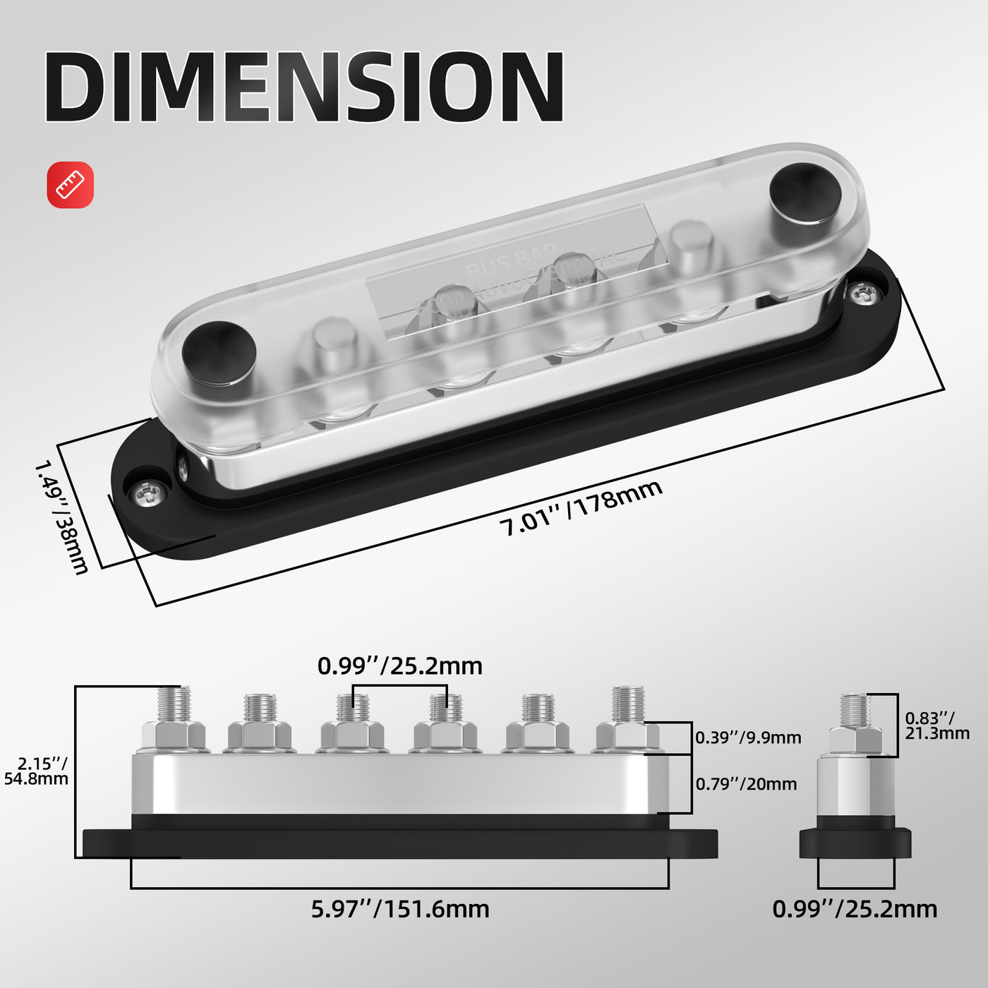 600A 48VDC 6 x M10 (3/8”) Stud Power Bus Bar Distribution Block - DAIER