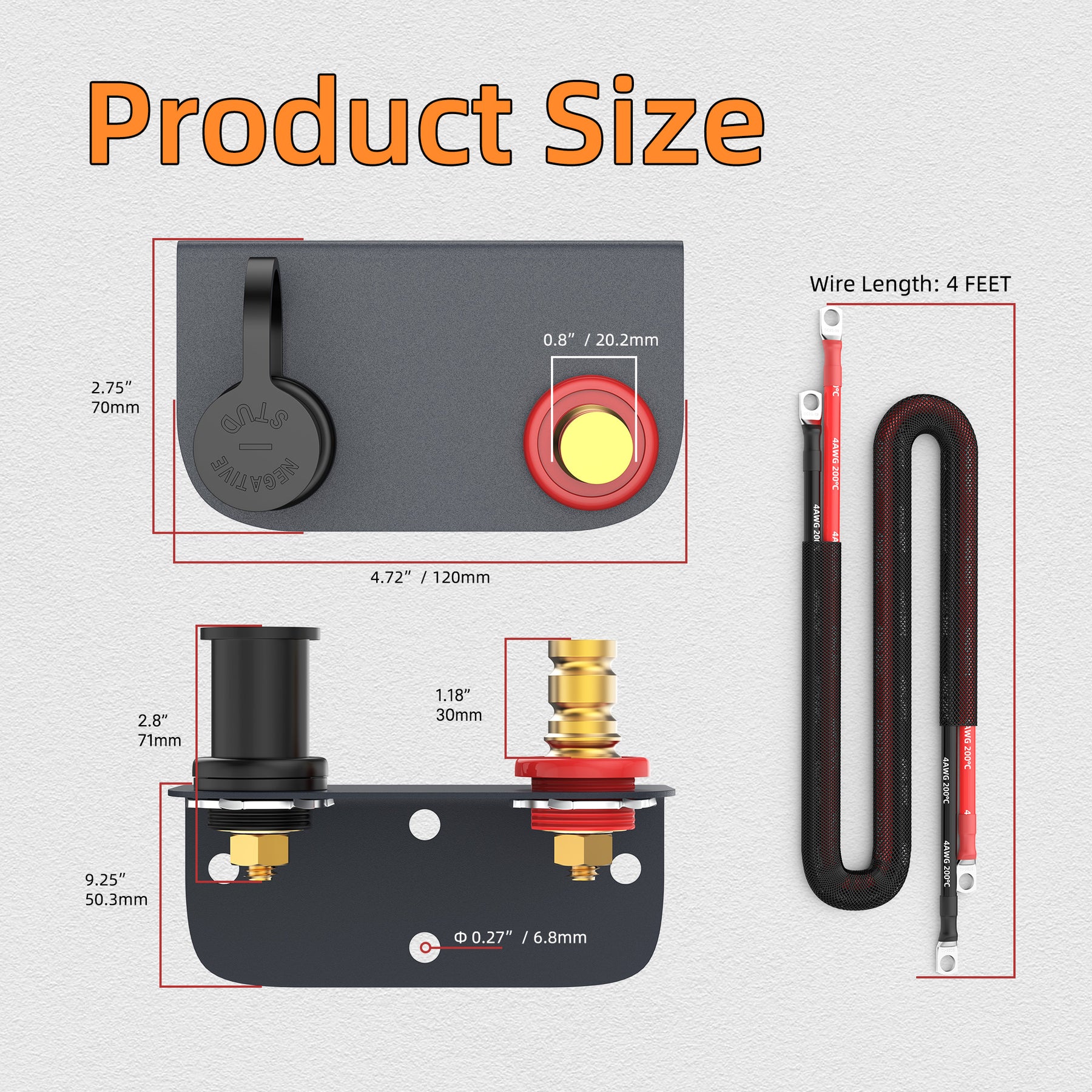 Remote Battery Jump Post Kit with 4AWG 4FT Cable | M10 (3/8
