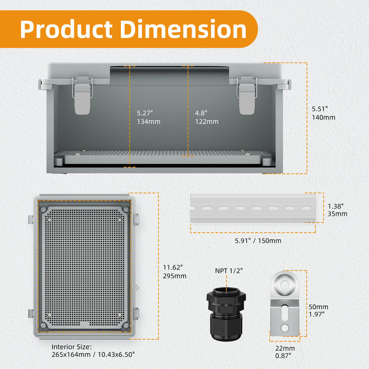 Etokfoks Waterproof Junction Box IP67 Rated Outdoor Electrical Enclosure with Mounting Plate Wall Brackets Hinged Grey Cover 11.2x7.7x5.1 Inches