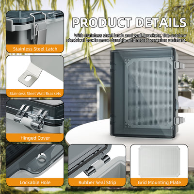 Weatherproof Electrical Box Large w/ Transparent Cover & DIN Rail - 15.7"x11.8"x7.1"