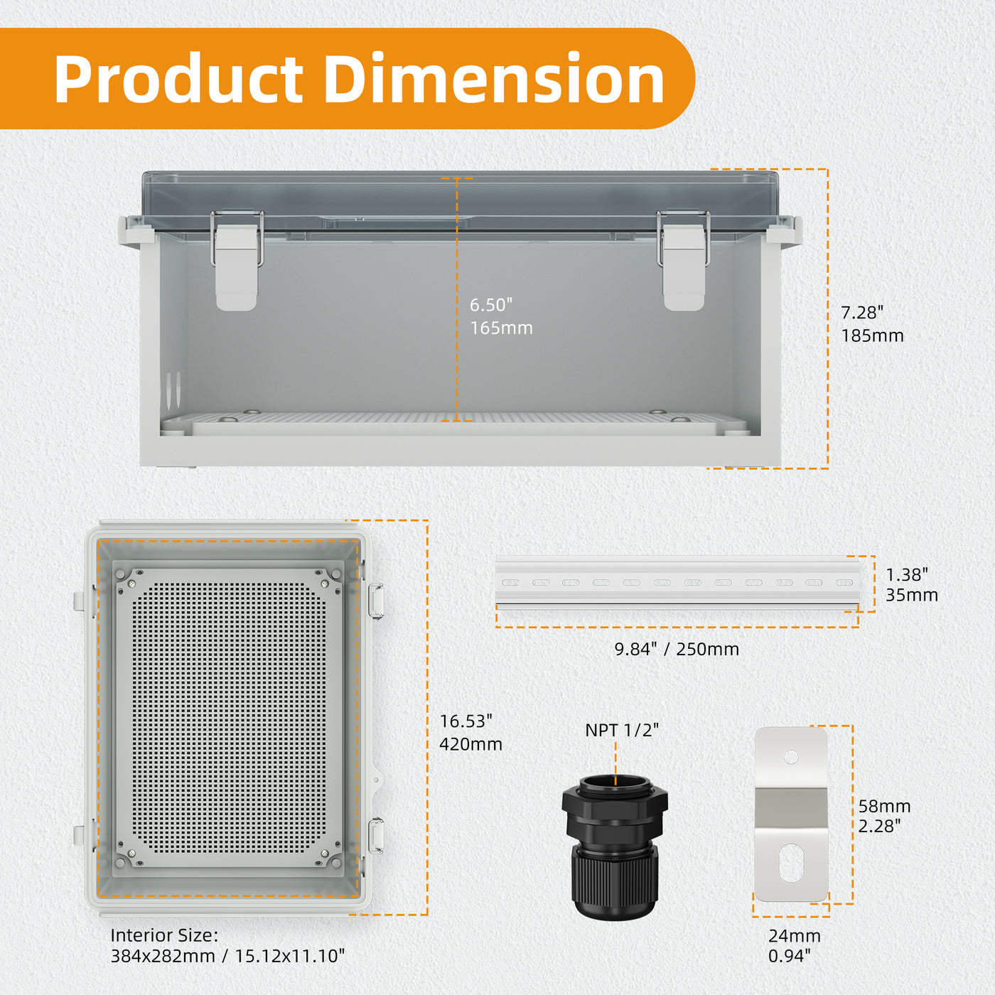 Weatherproof Electrical Box Large w/ Transparent Cover & DIN Rail - 15.7"x11.8"x7.1"