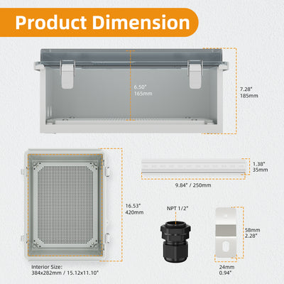 Weatherproof Electrical Box Large w/ Transparent Cover & DIN Rail - 15.7"x11.8"x7.1"