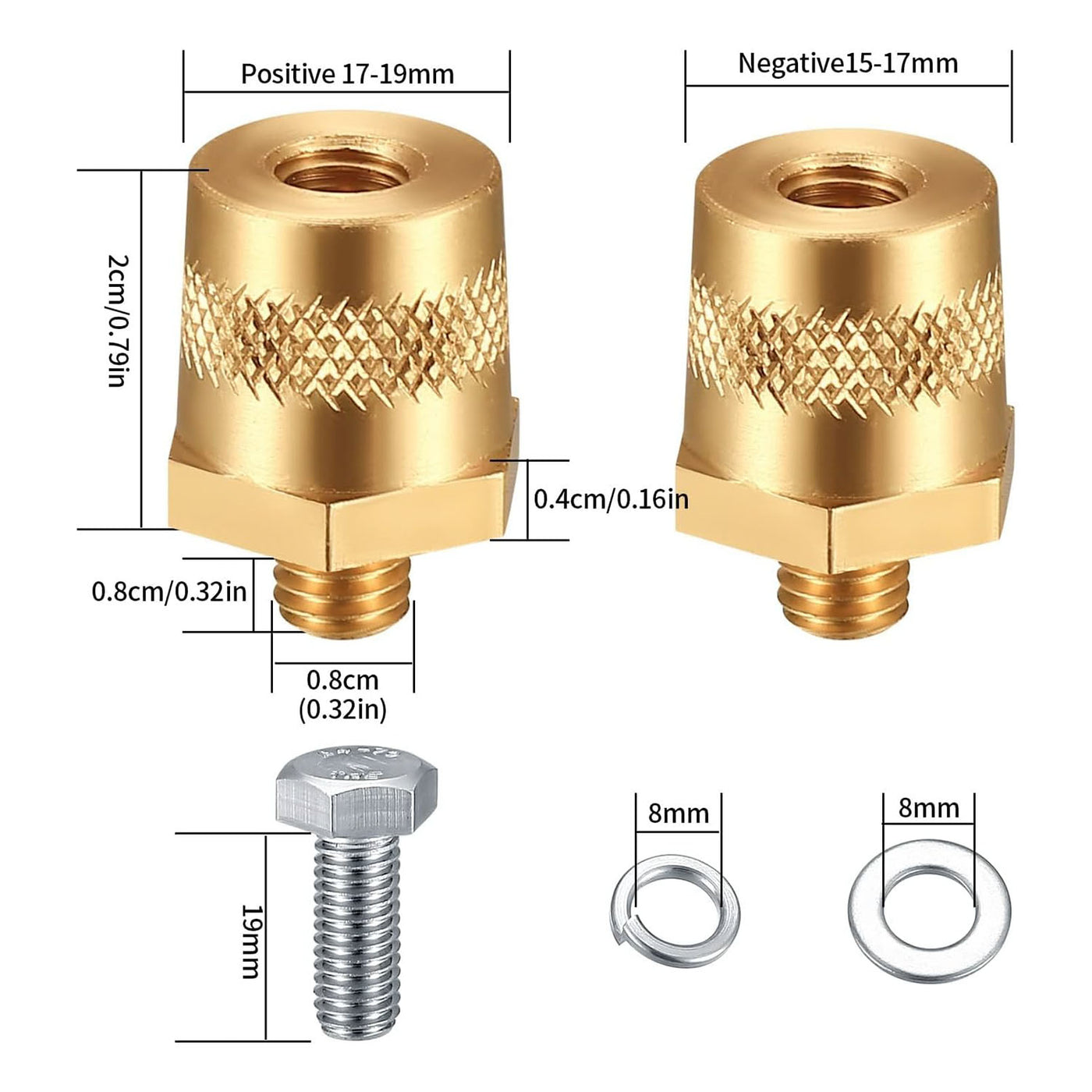 Automotive Battery Terminal Post Converters Knurled M8 Threaded to SAE/JIS Tapered Posts Positive & Negative Pair