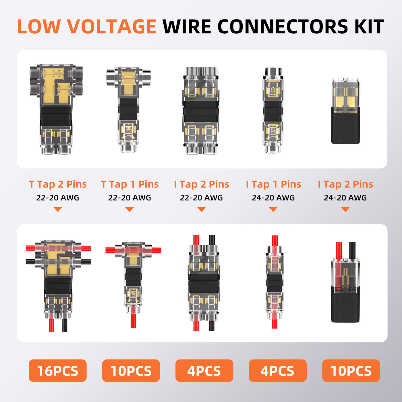 44 Pcs Low Voltage Wire Connector Kit | Solderless T-Tap & I-Tap Assortment | 24-20 AWG Electrical Splice