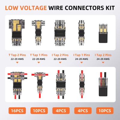 44 Pcs Low Voltage Wire Connector Kit | Solderless T-Tap & I-Tap Assortment | 24-20 AWG Electrical Splice