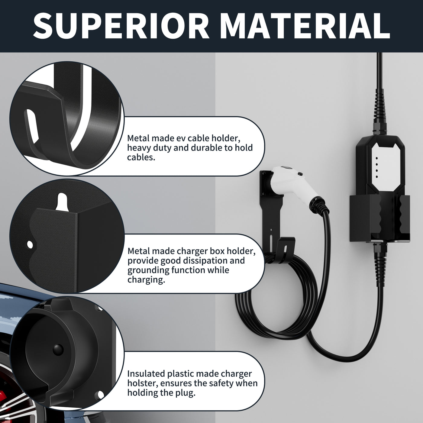 Supporto Da Parete Per Spina EV Tipo 2 Con Gancio Per Cavo - Nero Opaco - Organizer Per Veicoli Elettrici