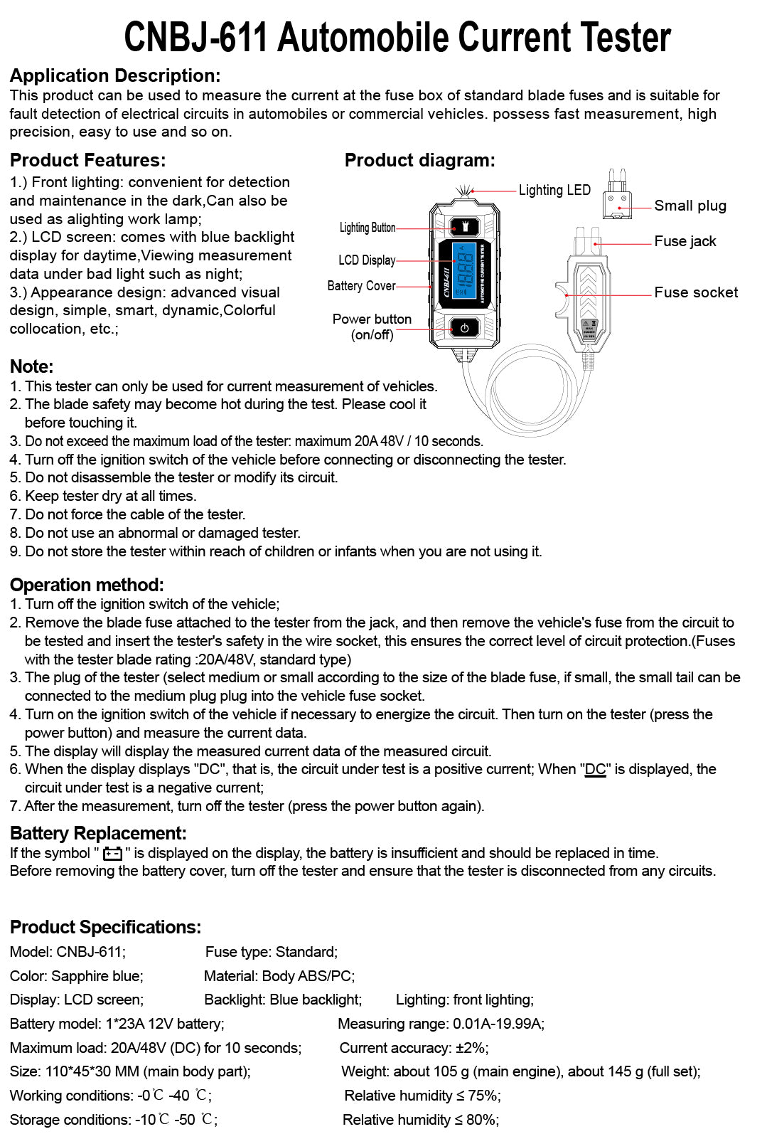 aqxreight CNBJ 611 Automotive Stroomtester, Autolekkage-analysator aqxreight CNBJ 611 Automotive Stroomtester, Autolekkage-analysator