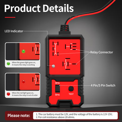 Automotive Relay Tester for 12 Volt 4 and 5 Pin Relays with LED Indicator
