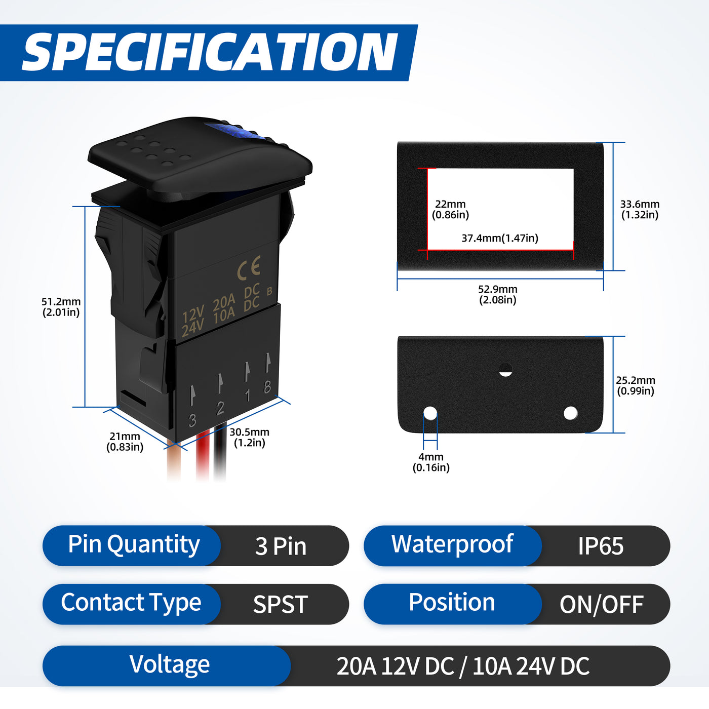 DR-A11313ABL+DS8-3+DS-S1-L 12V 3-Pins ON-OFF LED Marine Rocker Switch Specification