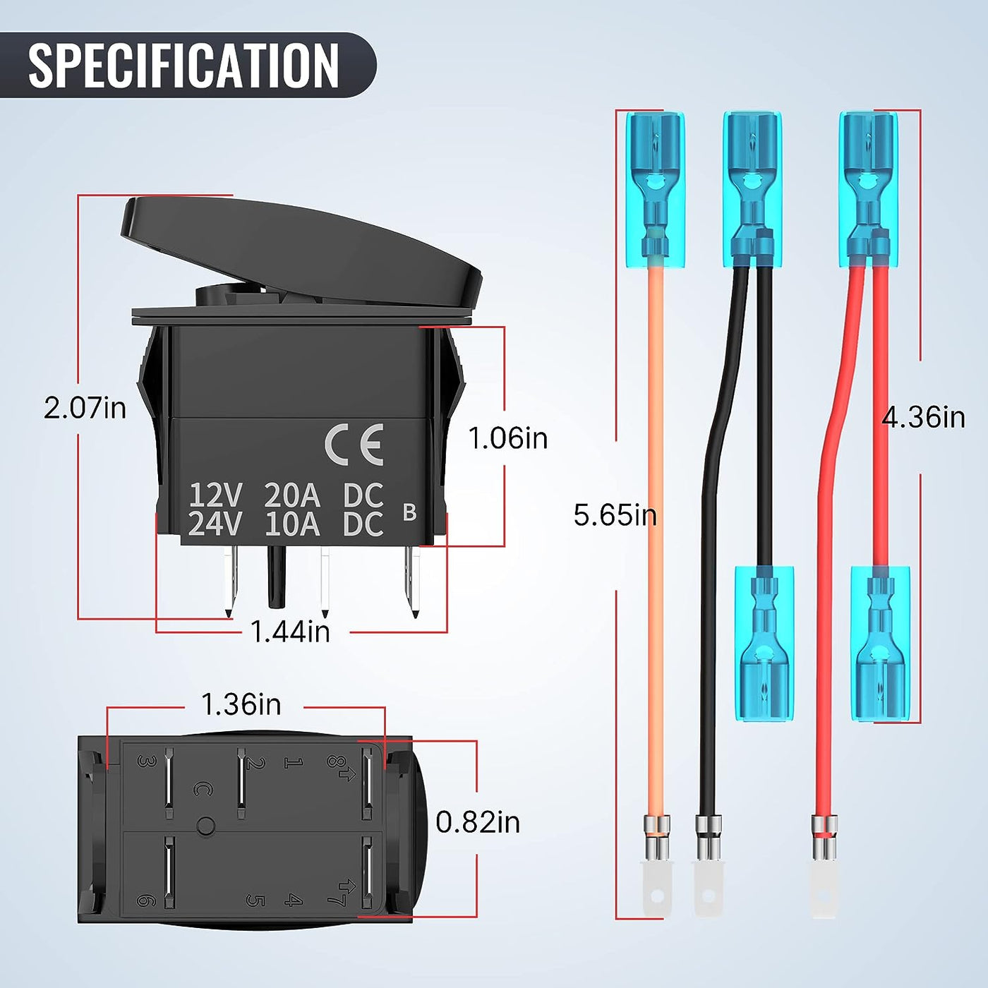 DR-A11N25ABL Blue LED Marine Rocker Switch with Oval Lens Specification