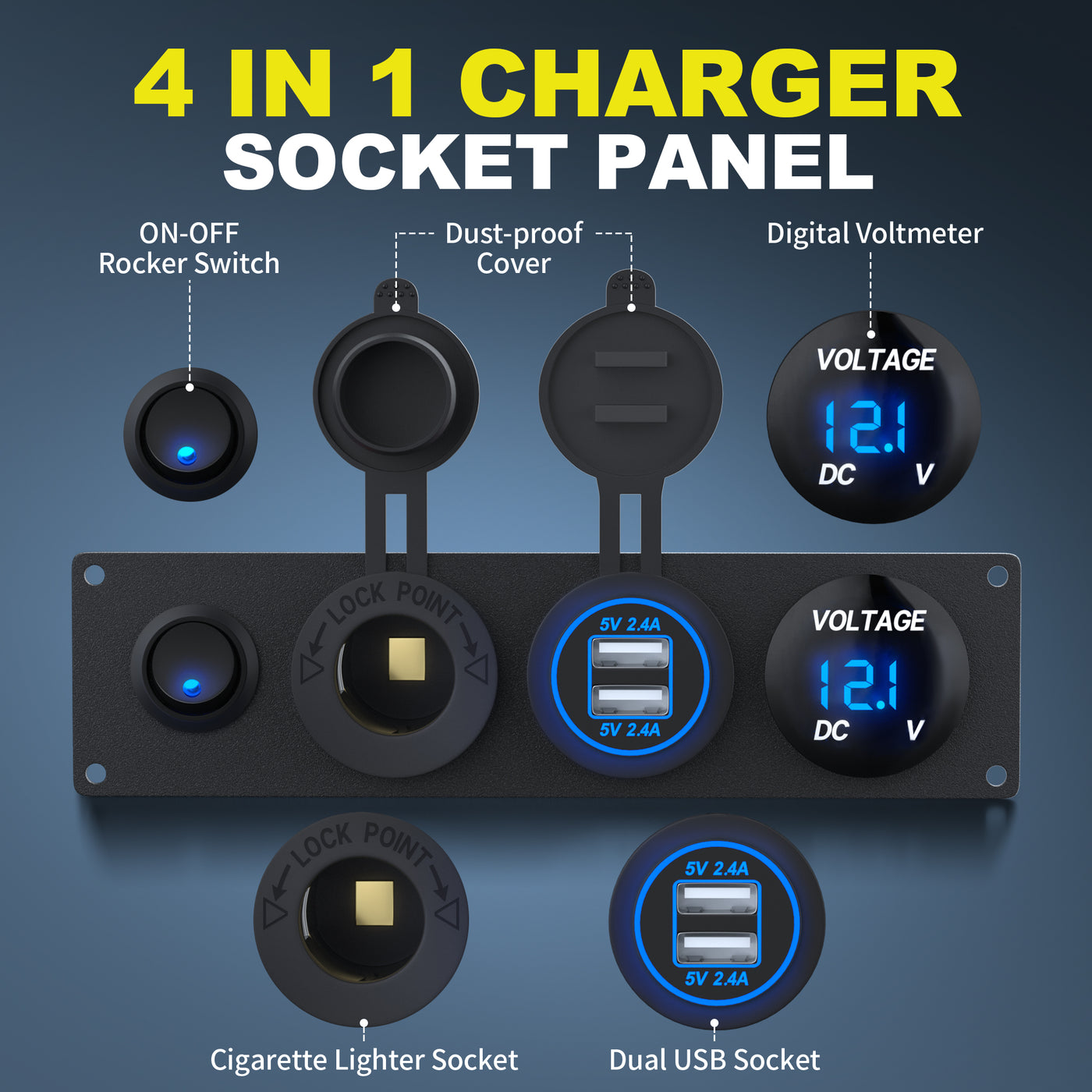4 in 1 Charger Socket Panel with Dual USB Socket Voltmeter 12V Outlet - DAIER