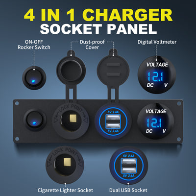 4 in 1 Charger Socket Panel with Dual USB Socket Voltmeter 12V Outlet