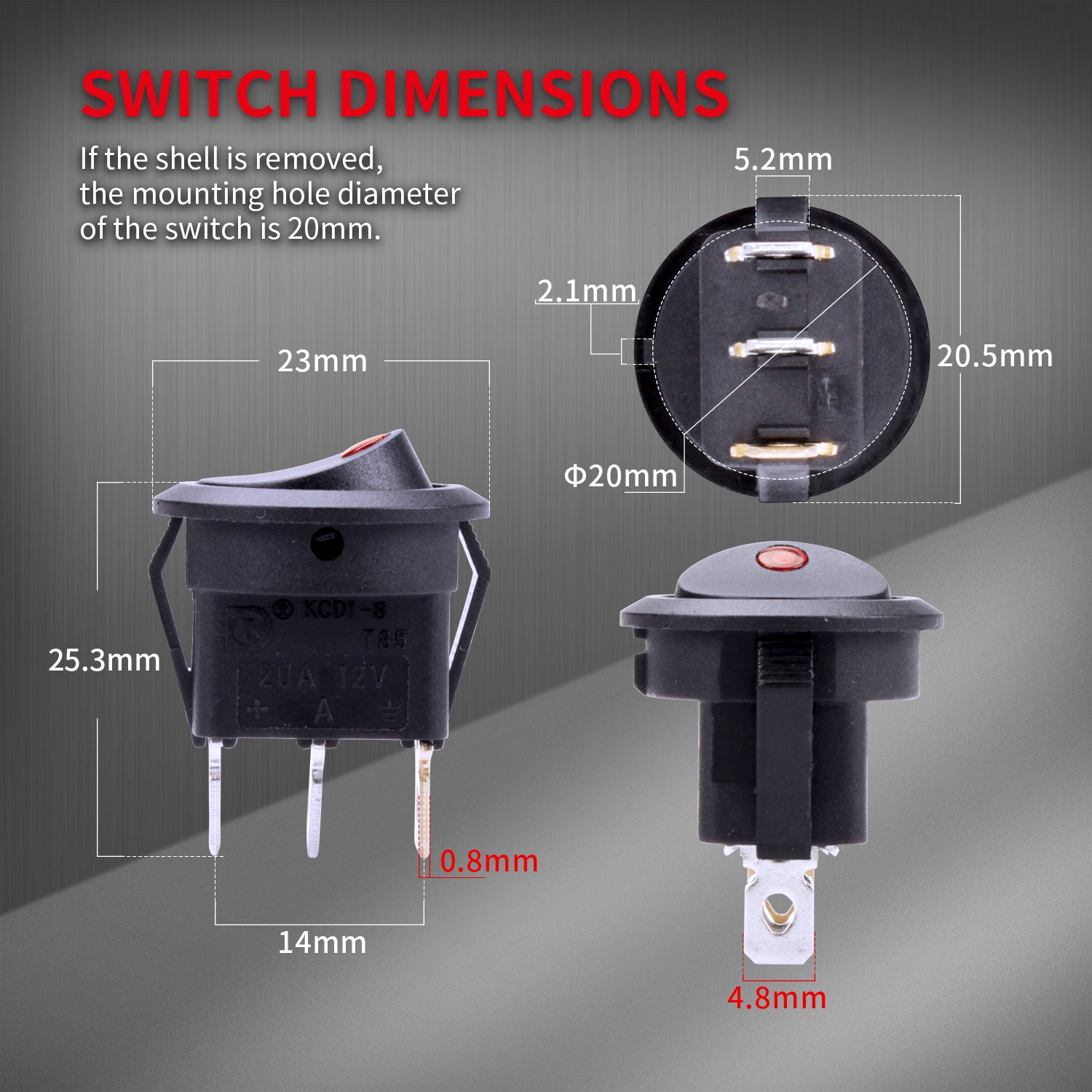 2 Sets 20A 12VDC ON-OFF SPST Dot Light Round Rocker Switch with Shell ...