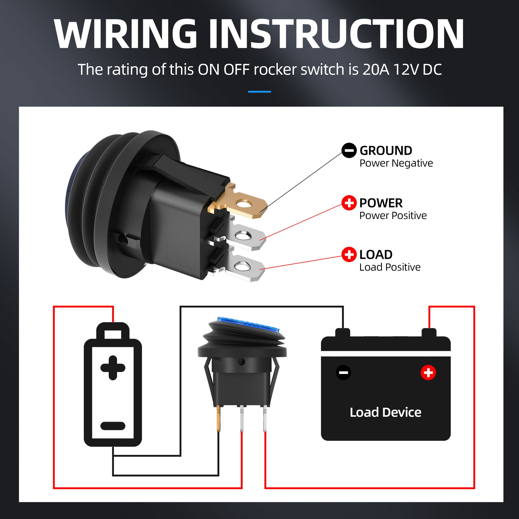 thumbnail image 2 of 5 Sets 20MM ON-OFF SPST Round 12V Rocker Switch With Wires – DAIER 2 of 10