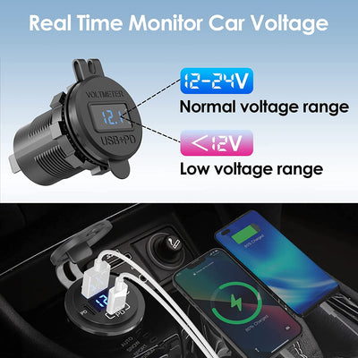 3 Port Dual 30W PD and 18W QC3.0 Charger Socket with Voltmeter and Switch - DAIER