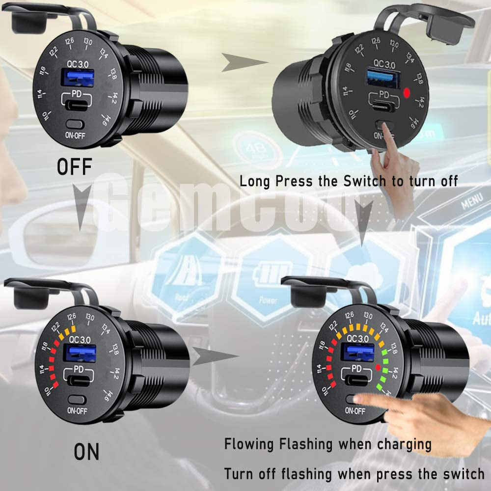 12V PD Type-C and QC3.0 USB Car Charger Socket with Color Voltmeter and Switch - DAIER
