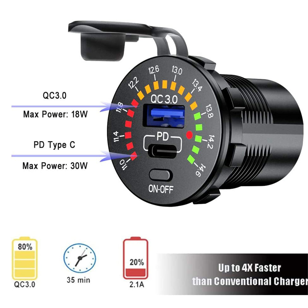 12V PD Type-C and QC3.0 USB Car Charger Socket with Color Voltmeter and Switch
