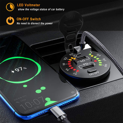 12V PD Type-C and QC3.0 USB Car Charger Socket with Color Voltmeter and Switch - DAIER