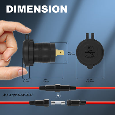 12V 36W Dual QC3.0 USB Car Socket with LED Light and Fuse Wires - DAIER