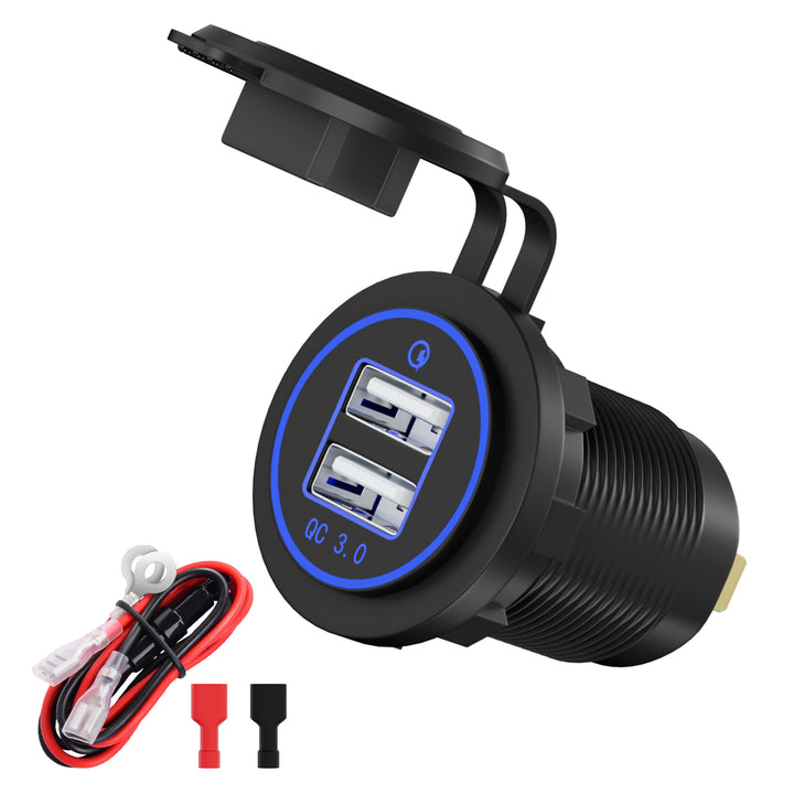 YonHan Dual USB QC 3.0 Car Charger Socket – Waterproof Aluminum With LED Voltmeter, 12V/24V For Car, Boat, Truck