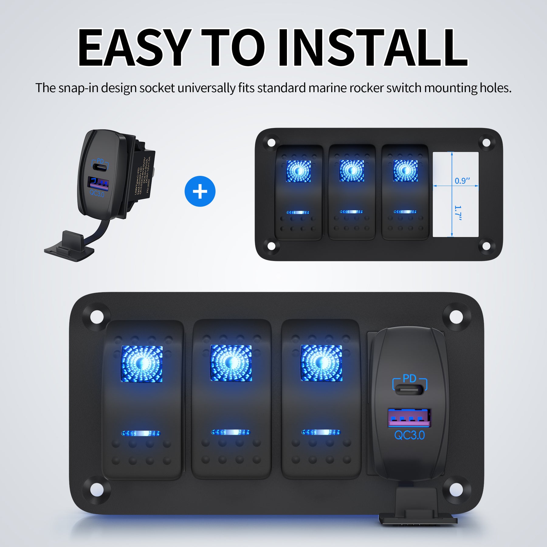 38W 12V/24V PD 3.0 & QC 3.0 Dual Port USB Rocker Switch Charger – DAIER