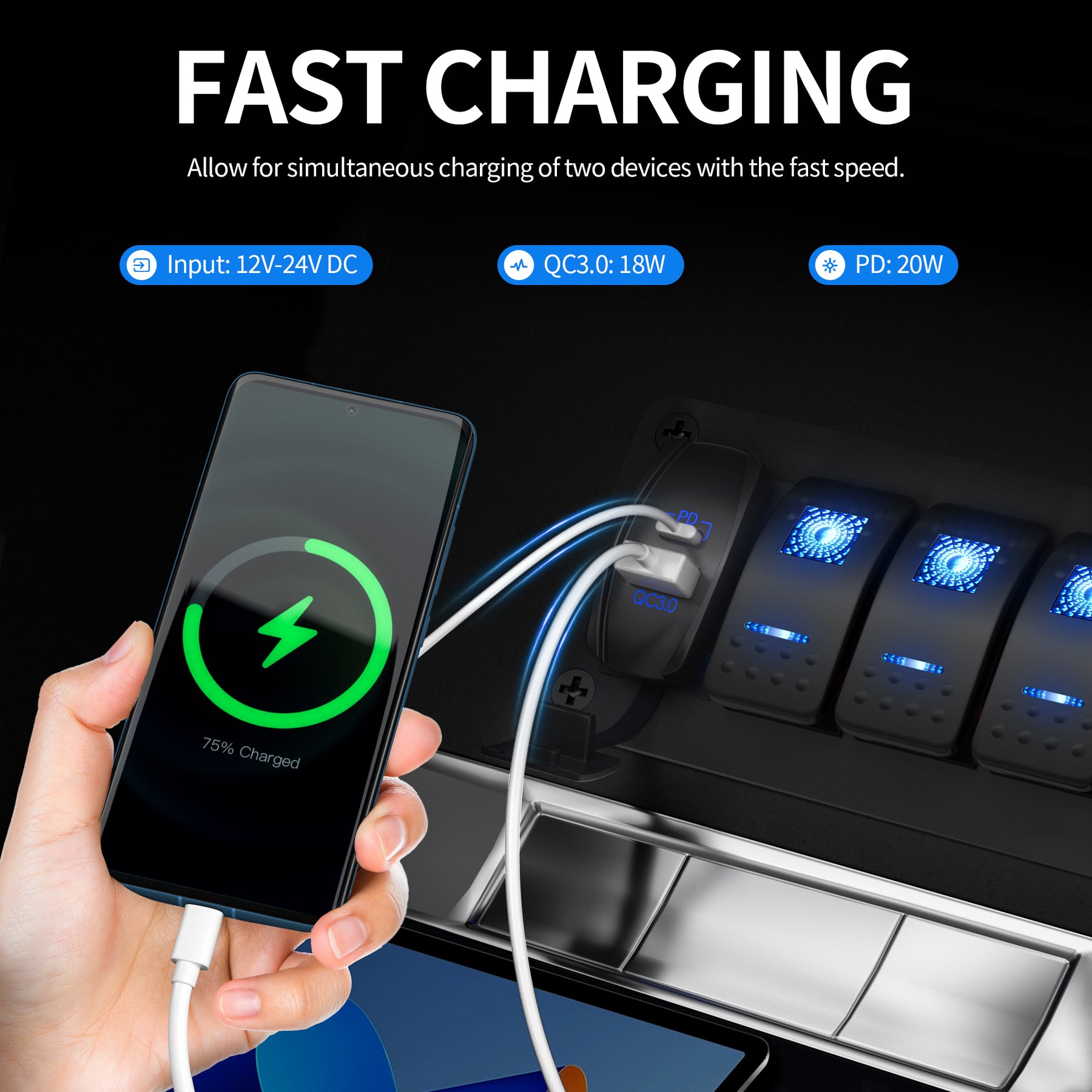 38W 12V/24V PD 3.0 & QC 3.0 Dual Port USB Rocker Switch Charger – DAIER