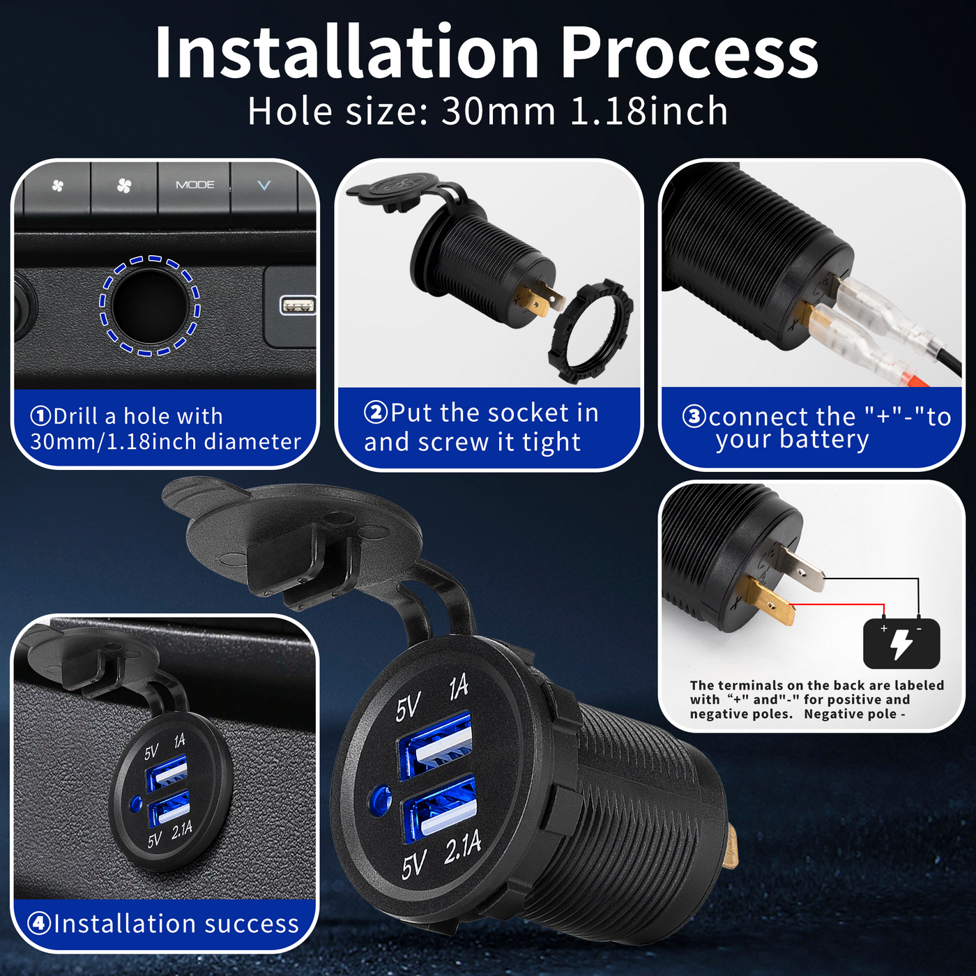 DS2013 12-24V 3.1A 5V Dual USB Car Charger Installation