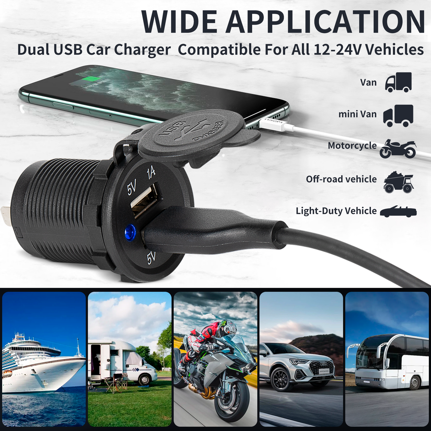 DS2013 12-24V 3.1A 5V Dual USB Car Charger Wide Application